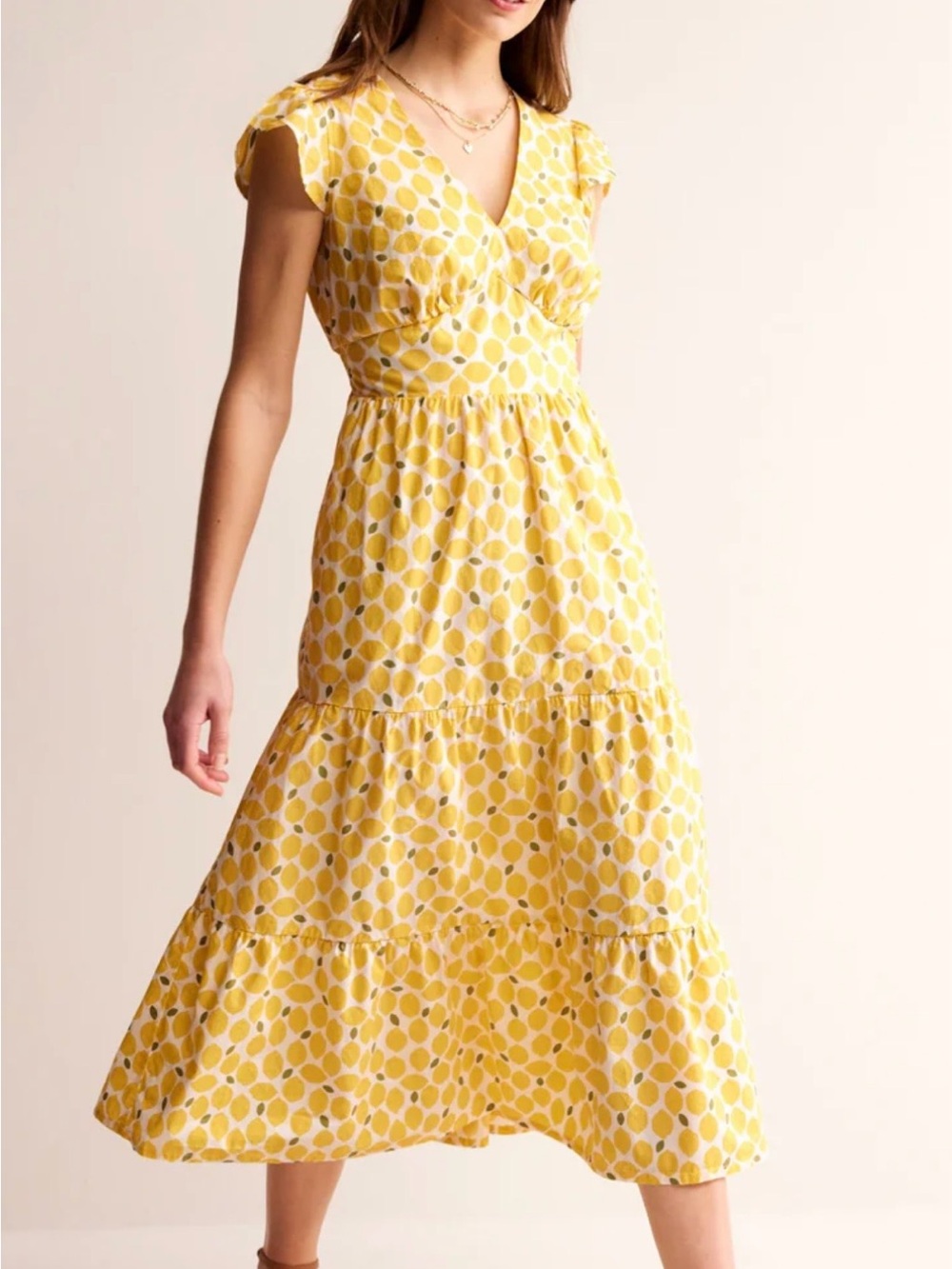 Boden Yellow Printed V‑Neck Midi Dress